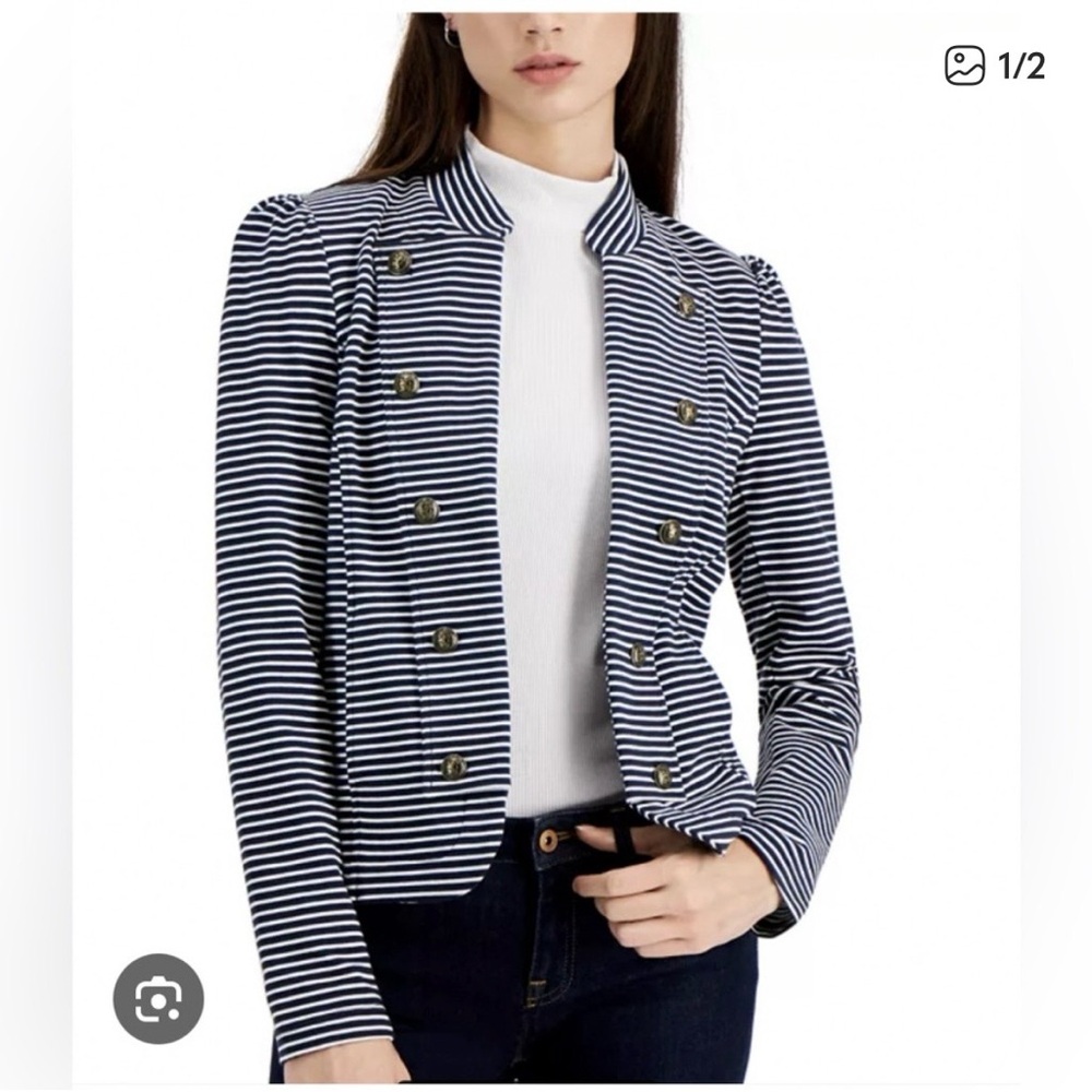 Tommy Hilfiger Navy and White Striped Military Band Jacket Nautical Size XL